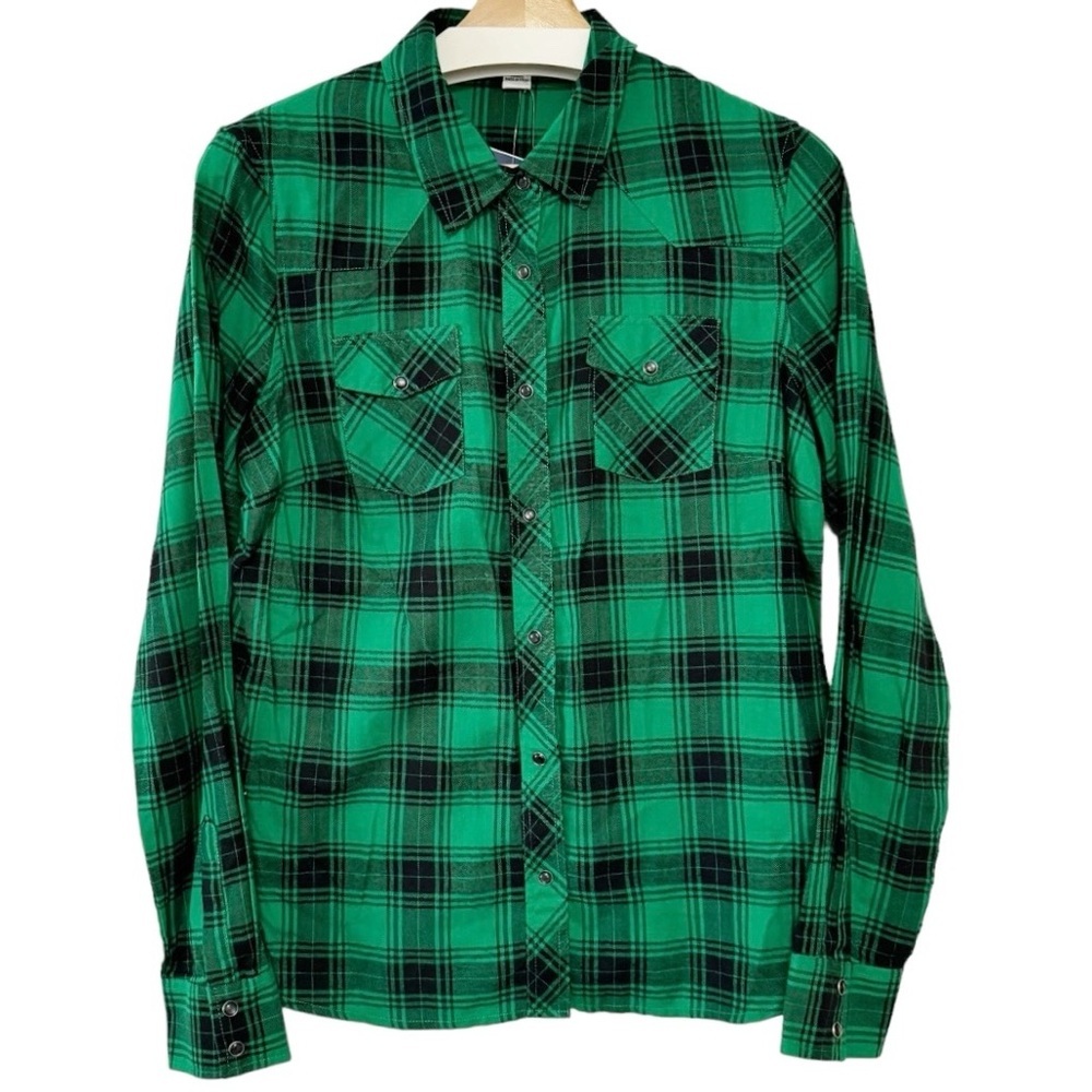 NEW Dalia Collection Womens Western Boyfriend Snap Button‎ Up Shirt Green Plaid